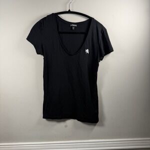 Express Black V Neck Med Short Sleeve Baby Doll Tee Shirt Y2K White Logo Lion